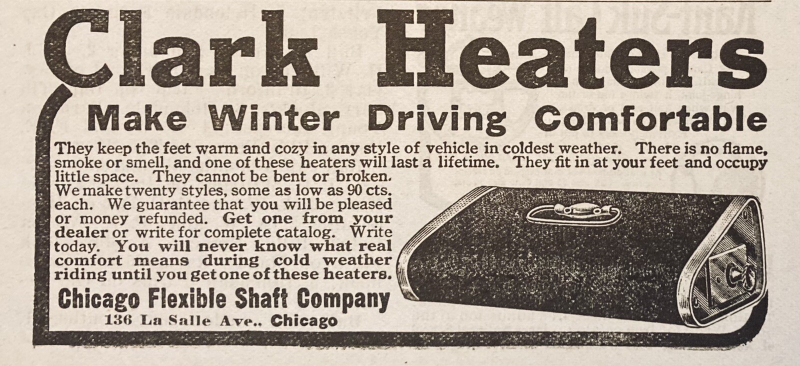 1912 AD.(XH28)~CHICAGO FLEXIBLE SHAFT CO. CLARK COAL BUGGY WAGON HEATERS