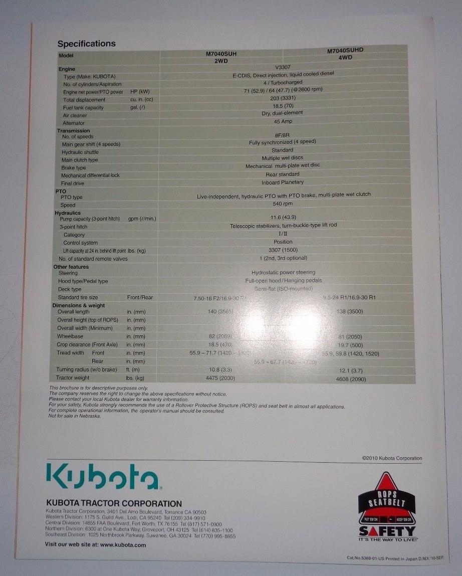 *Kubota Dealers M7040SU Utility Tractor Sales Brochure literature advertising ad