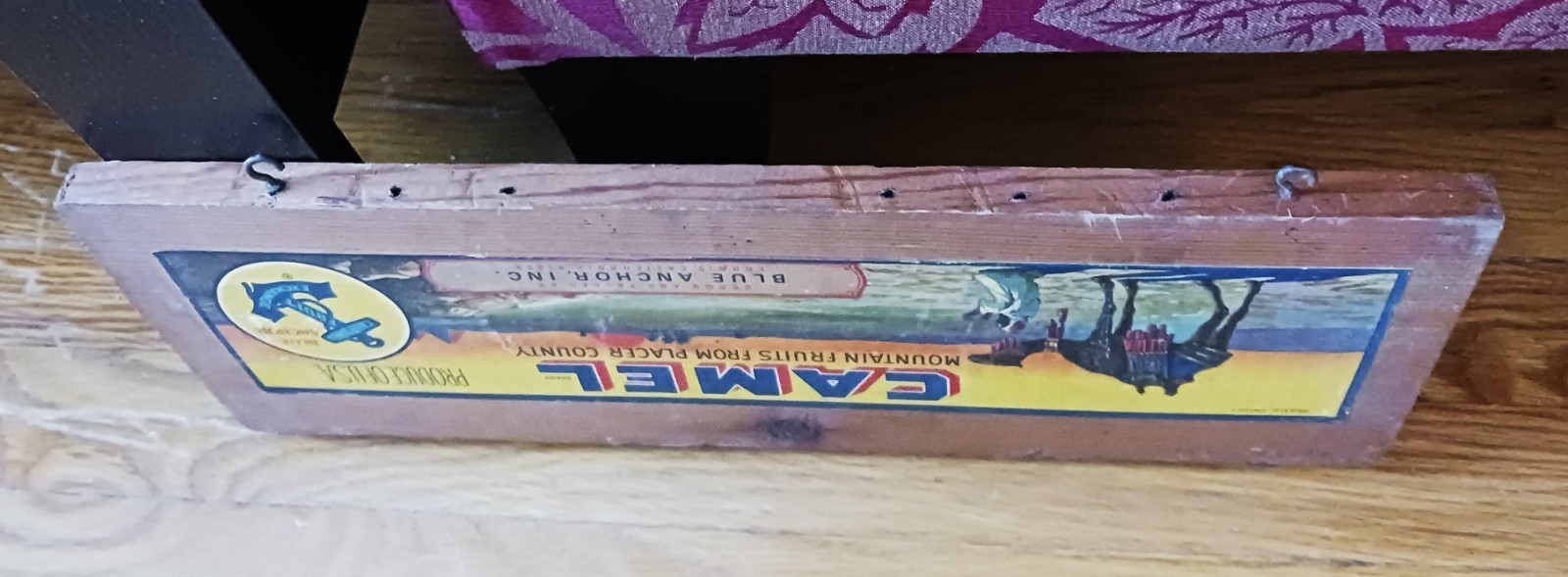 Vintage CAMEL Mountain Fruits Placer County Wood Crate Piece Blue Anchor