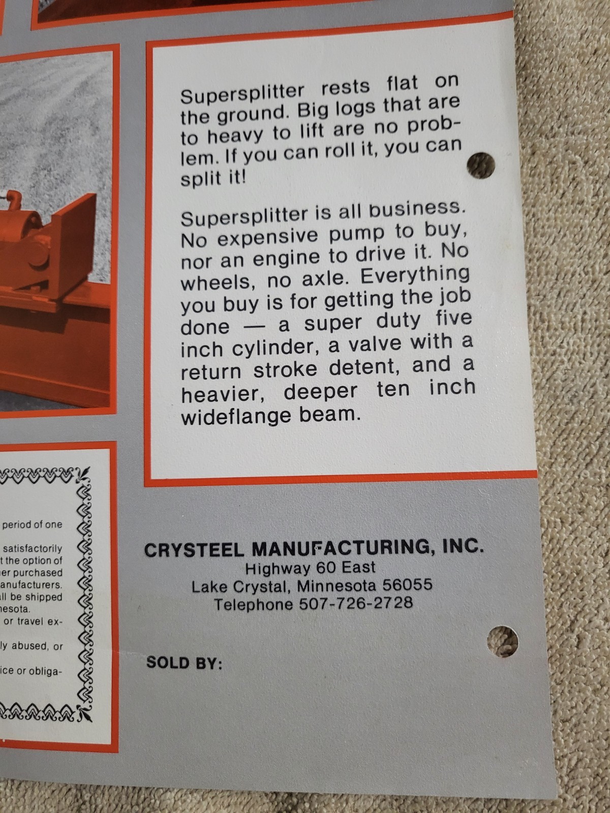 1970s Vintage CRYSTEEL Super Splitter Log Splitter BROCHURE 3-point Tractor