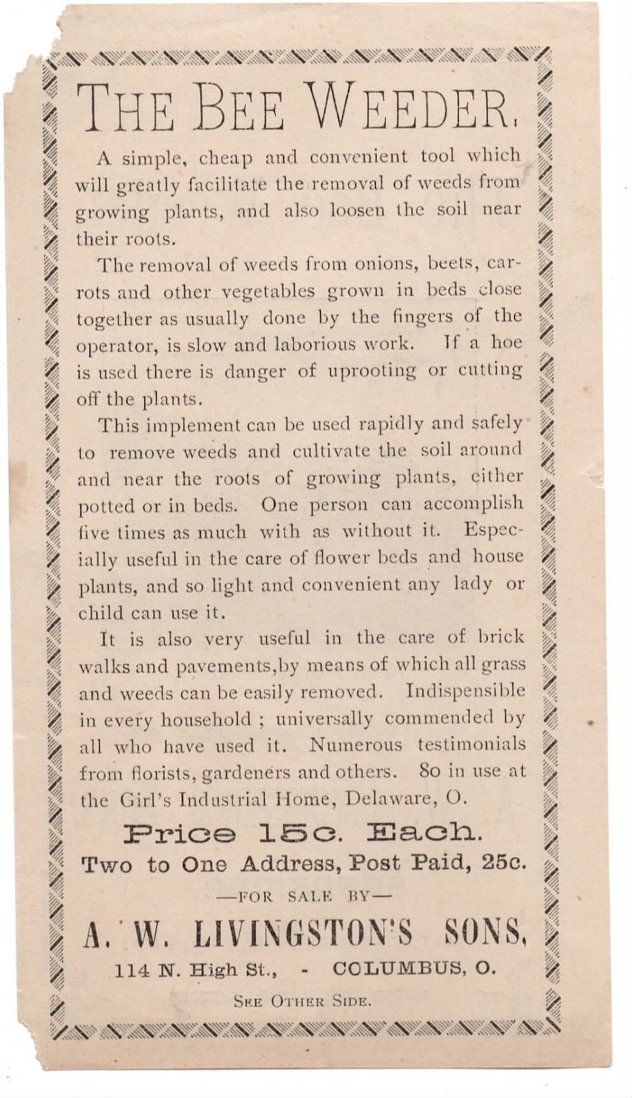 1890s Advertising Flier for the Bee Weeder for Weeds A.W. Livingston Columbus OH