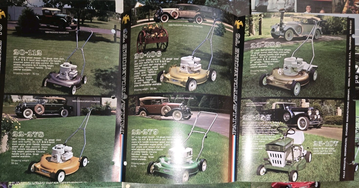 LOT OF 9 70S AND 80S FALLS SYCAMORE LAWN MOWER DEALER COLOR BROCHURES 1976-1986