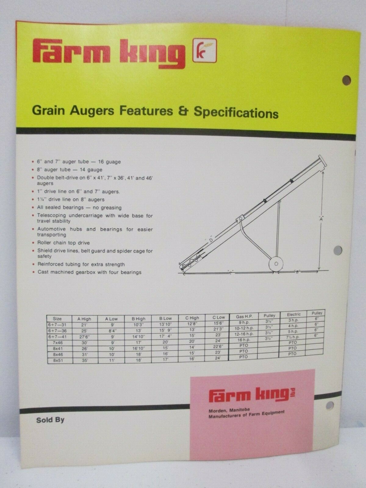 Farm King Grain Augers Auger Accessories Specifications Brochure Agriculture