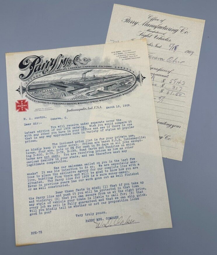 1909 PARRY CARRIAGE Letter Invoice Ephemera INDIANAPOLIS Advertising