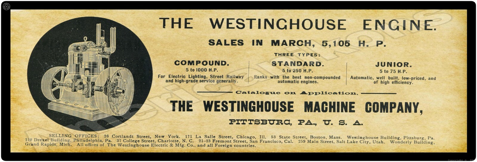 1895 Westinghouse Engines New Metal Sign, 16&Prime; x 48&Prime; USA STEEL XL Size – 8 Pounds