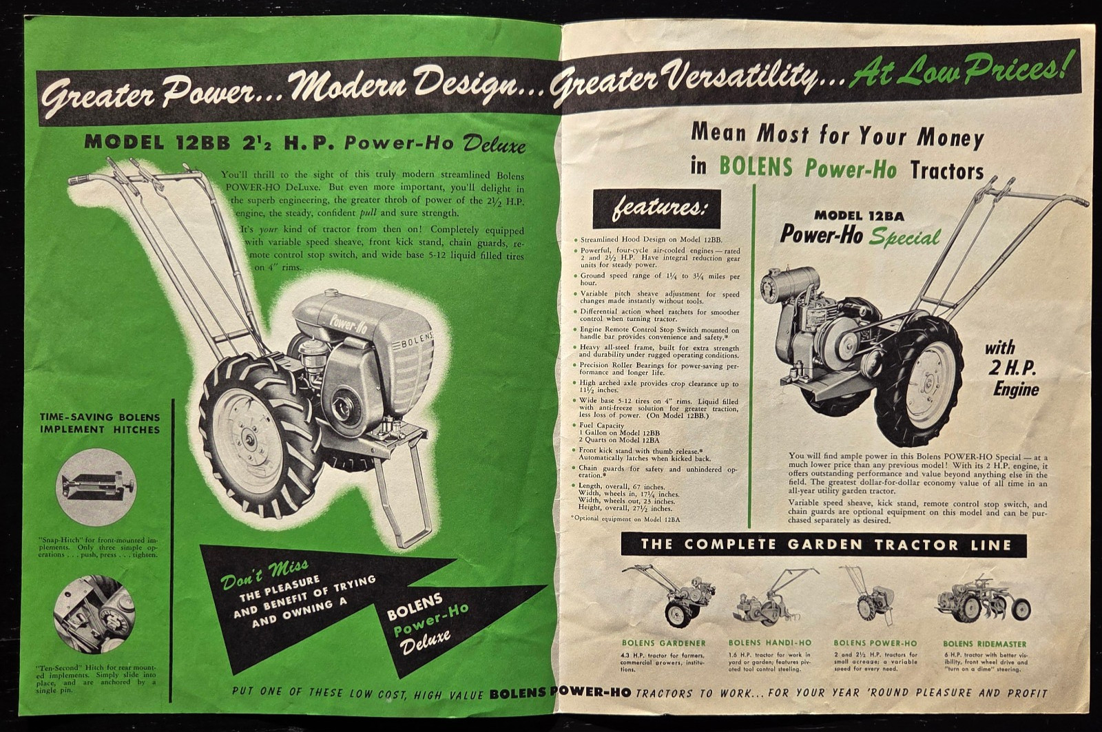 1955 BOLENS POWER-HO GARDEN TRACTOR SALES COLOR BROCHURE « MORE FOR YOUR MONEY »