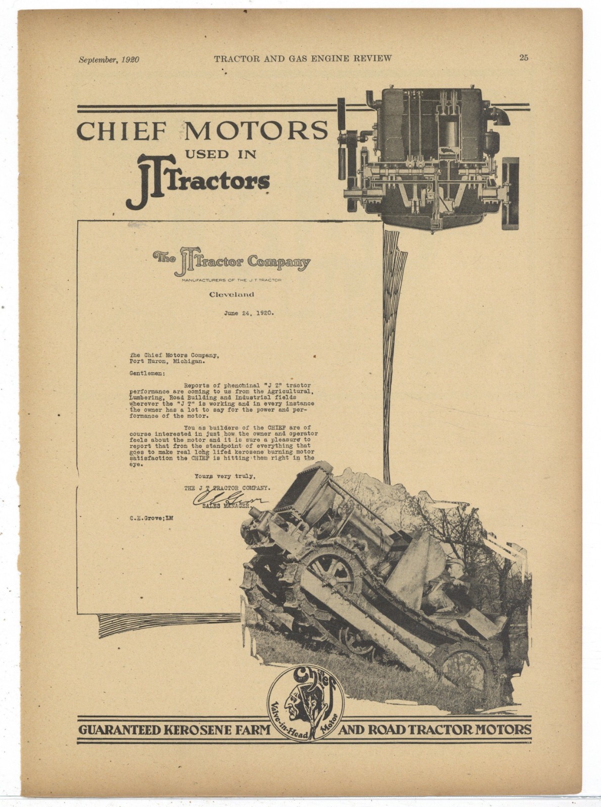 1920 Chief Tractor Motors Ad: JT Tractor Co. of Cleveland Faux Letterhead, Promo