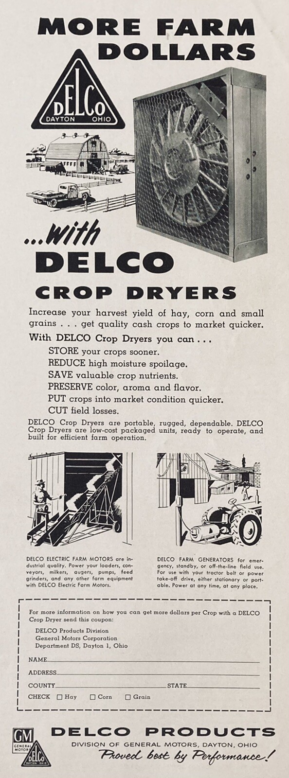 1955 AD.(XH47)~DELCO PRODUCTS, DAYTON, OHIO. DELCO CROP DRYERS