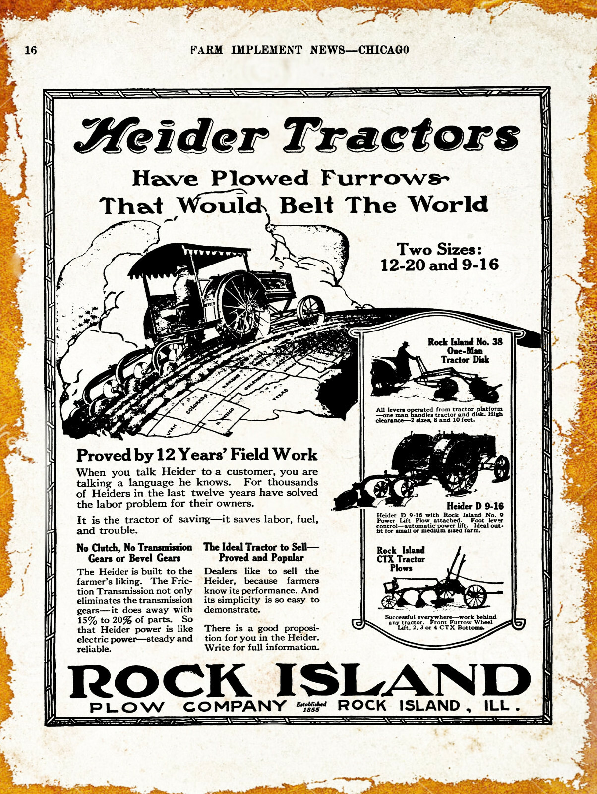 1920 Rock Island Plow Co. New Metal Sign: Heider Tractors – 12-20 Model CTX Plow