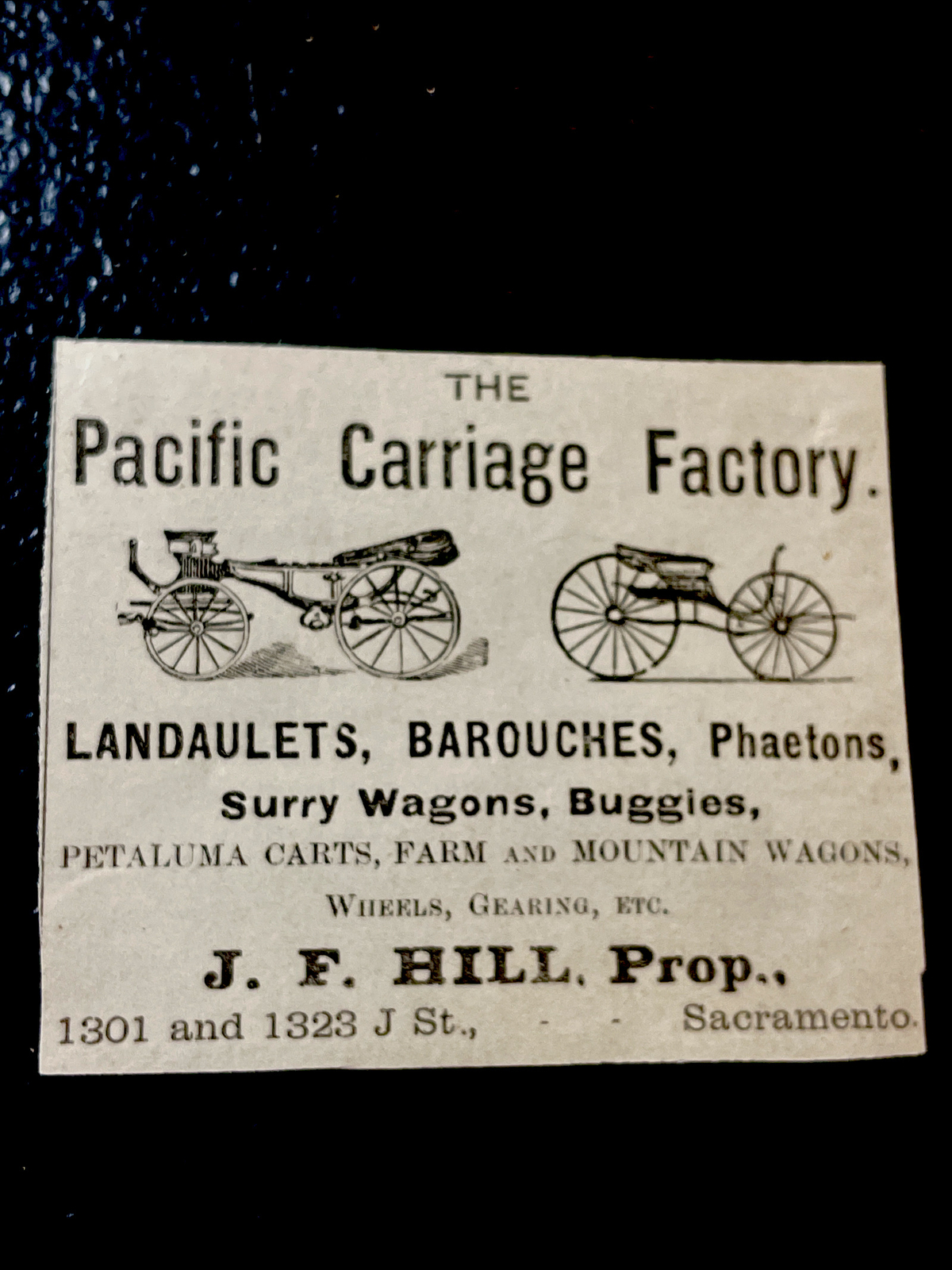1883 Pacific Carriage Factory Farm Wagon Advertising – Sacramento – California