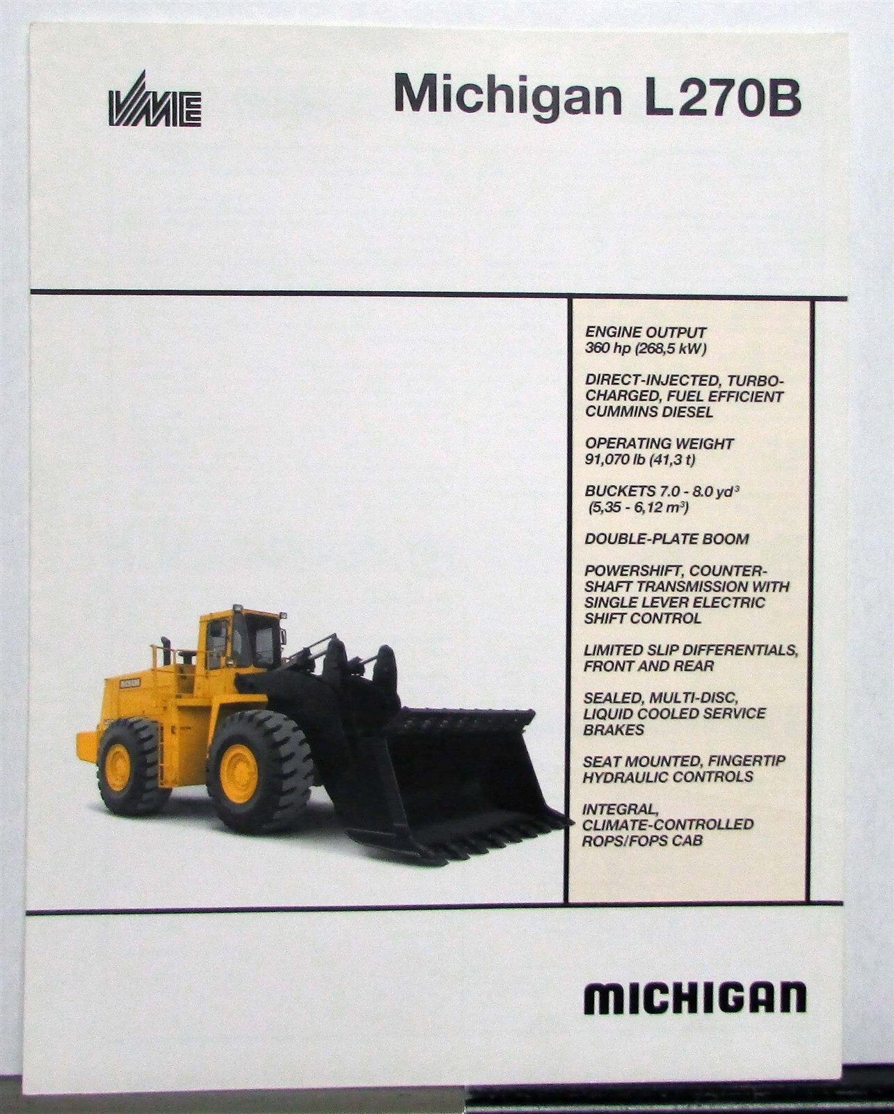 1991 Michigan L270B Loader Specification Construction Sale Brochure
