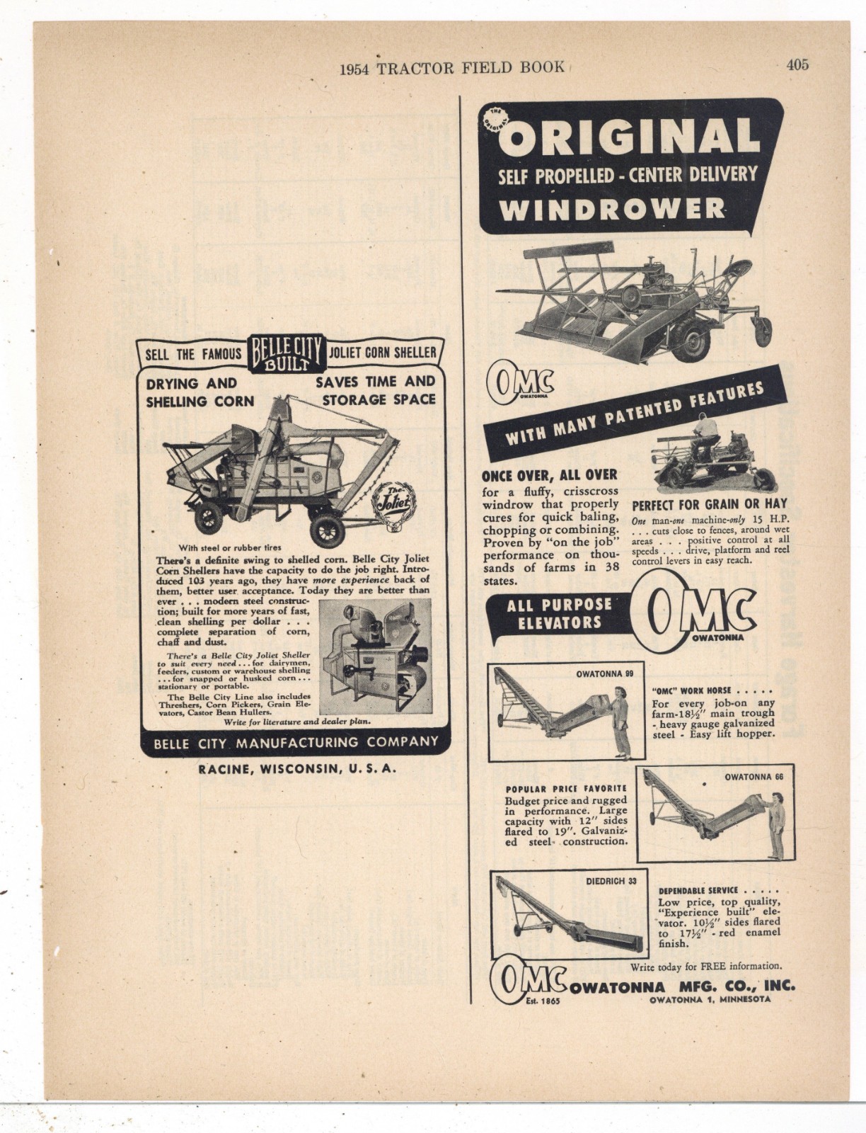 1954 OMC – Owatonna Mfg. Co. of Minnesota Ad: Windrower & Elevators for Farmers
