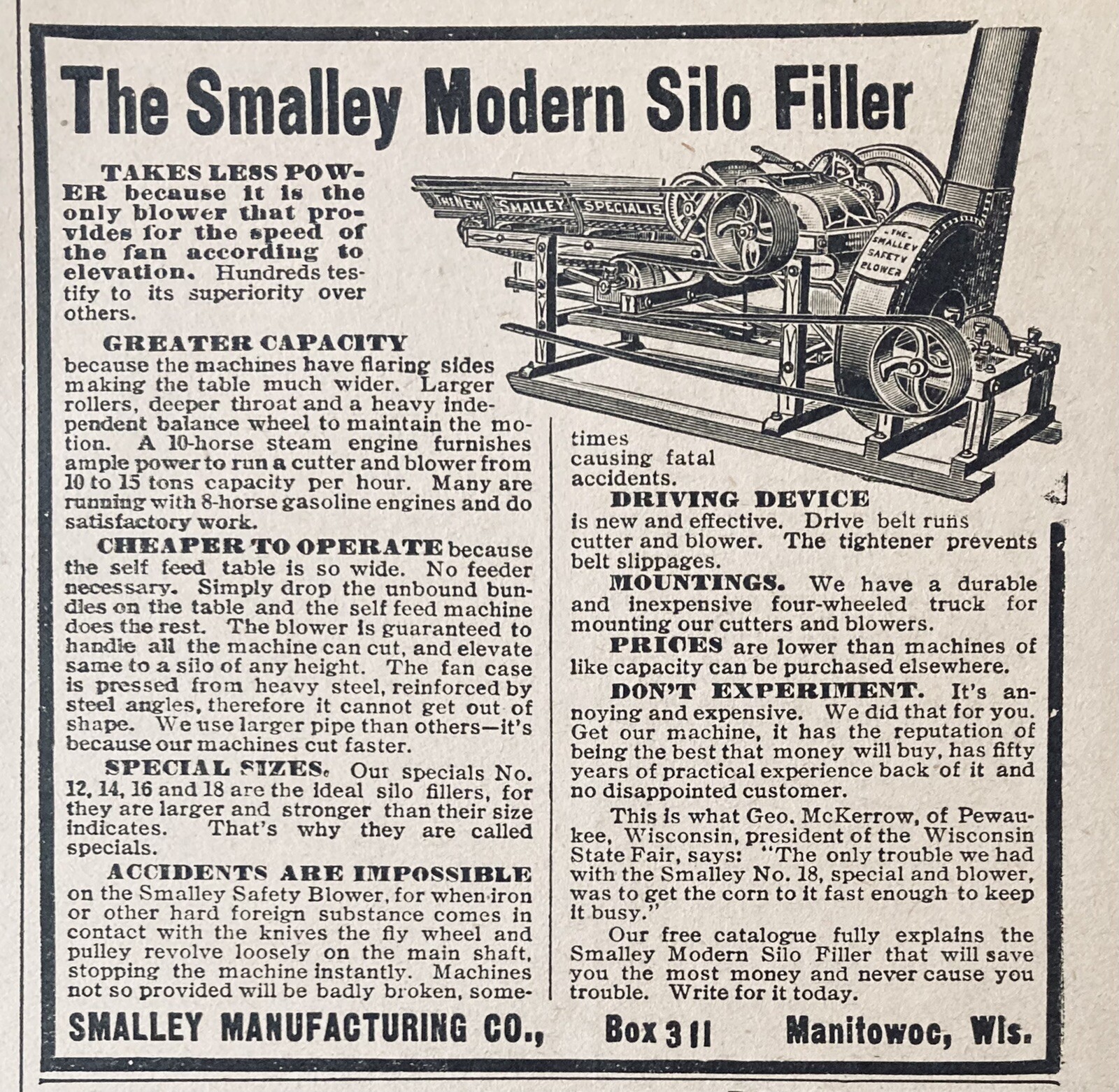 1905 AD.(XH28)~SMALLEY MFG. CO. MANITOWOC, WIS. SMALLEY MODERN SILO FILLER
