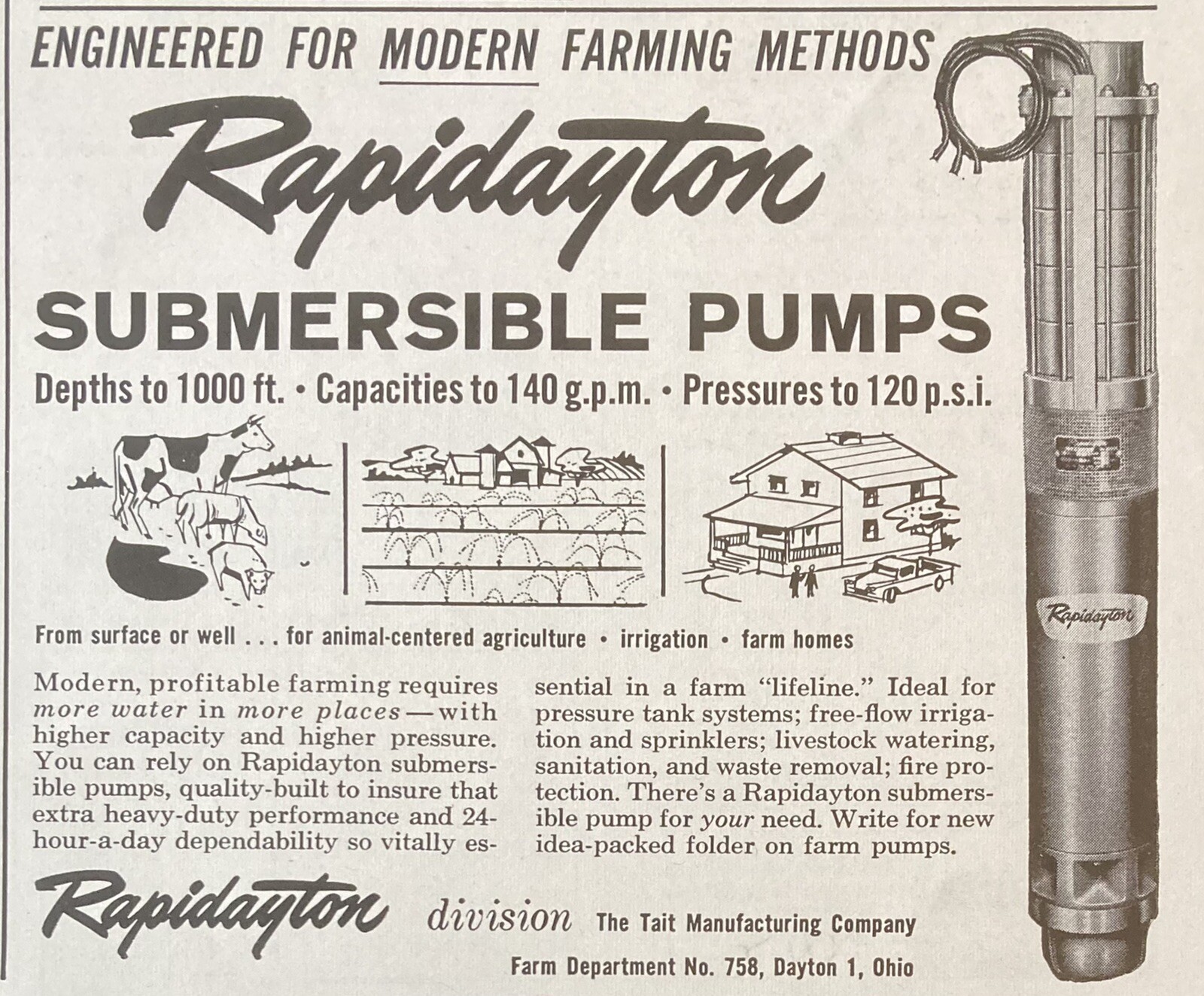 1962 AD.(XH30)~TAIT MFG. CO. DAYTON, OHIO. RAPIDAYTON SUBMERSIBLE PUMPS