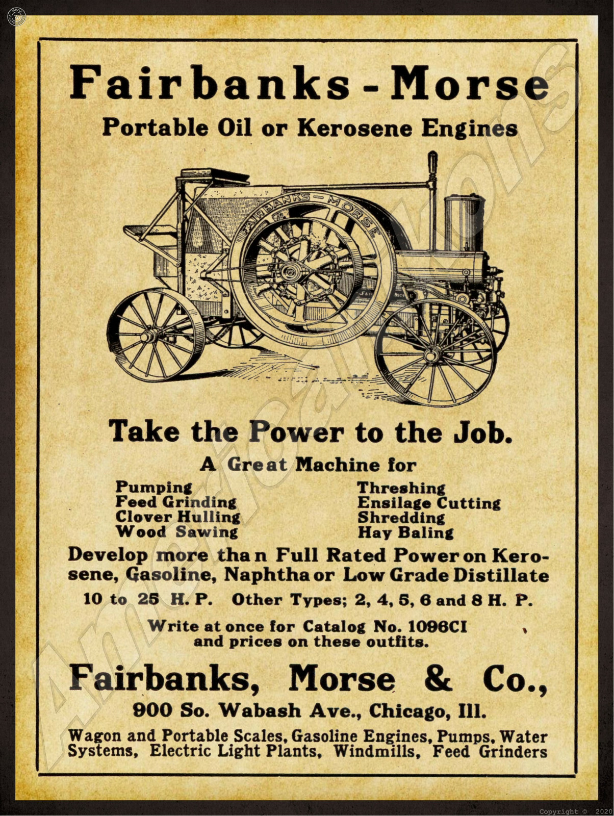 1912 Fairbanks, Morse New Metal Sign: Kerosene & Oil Engines – Chicago, IL