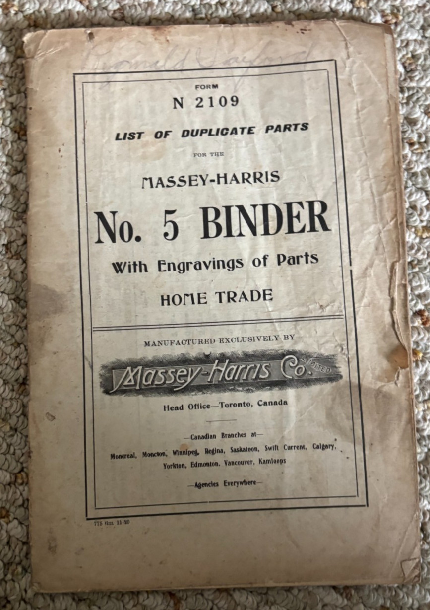 Massey Harris No. 5 Binder Parts Book Manual AMIL26