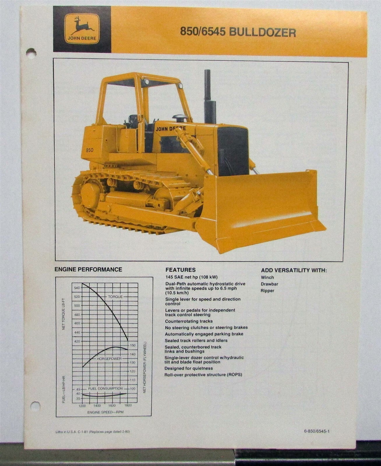 1981 John Deere 850/6545 Bulldozer Specifications Construction Sales Brochure
