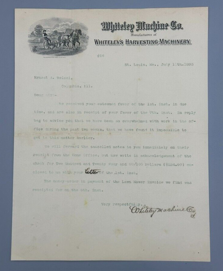 1893 WHITELEY&rsquo;s HARVESTING MACHINERY Illustrated FARM ADVERTISING Letterhead