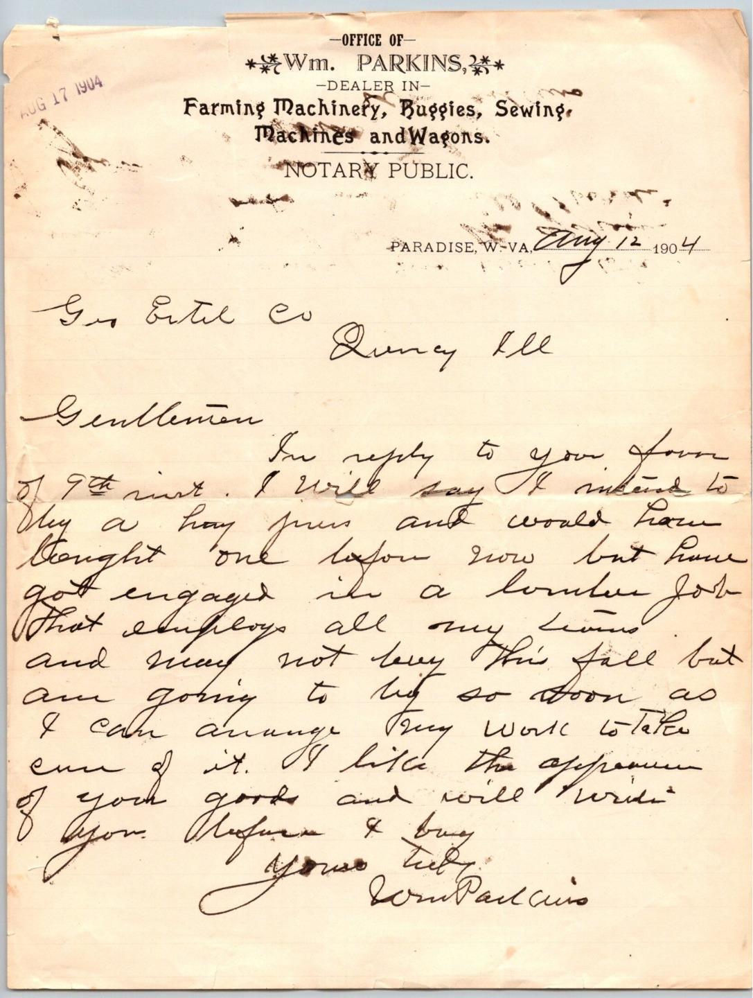 1904 PARADISE WEST VIRGINIA*WV*PARKINS*FARM MACHINERY*BUGGIES*WAGONS*SEWING MACH