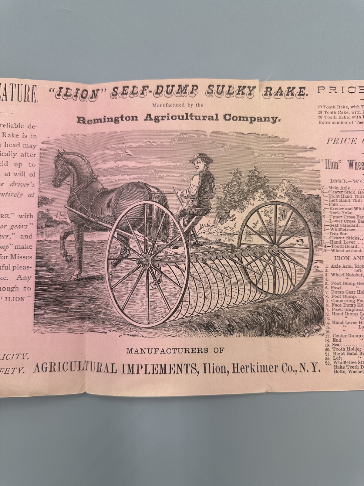1883 REMINGTON Arms AGRICULTURAL Farm Advertising ILION Sulky Rake NY