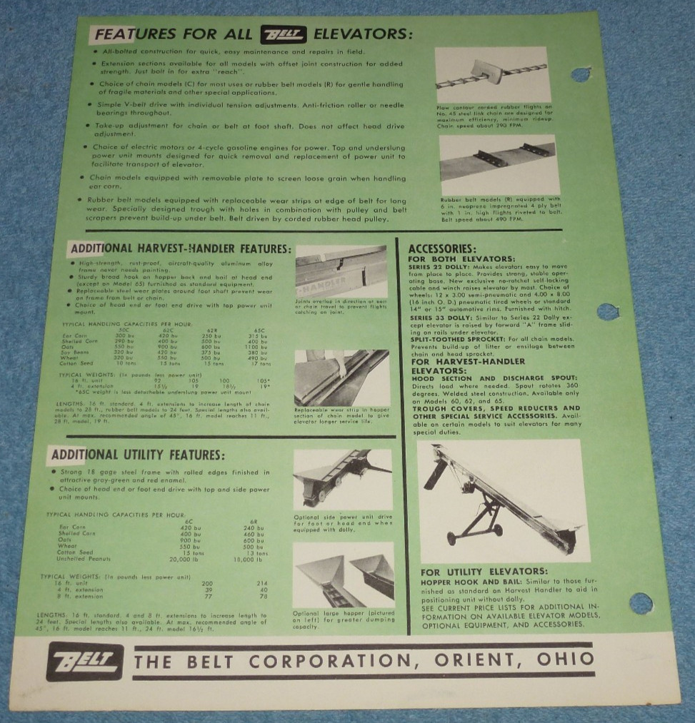 Lot of 3 Vintage Belt Corp Harvest-Handler Utility Portable Elevators Brochures