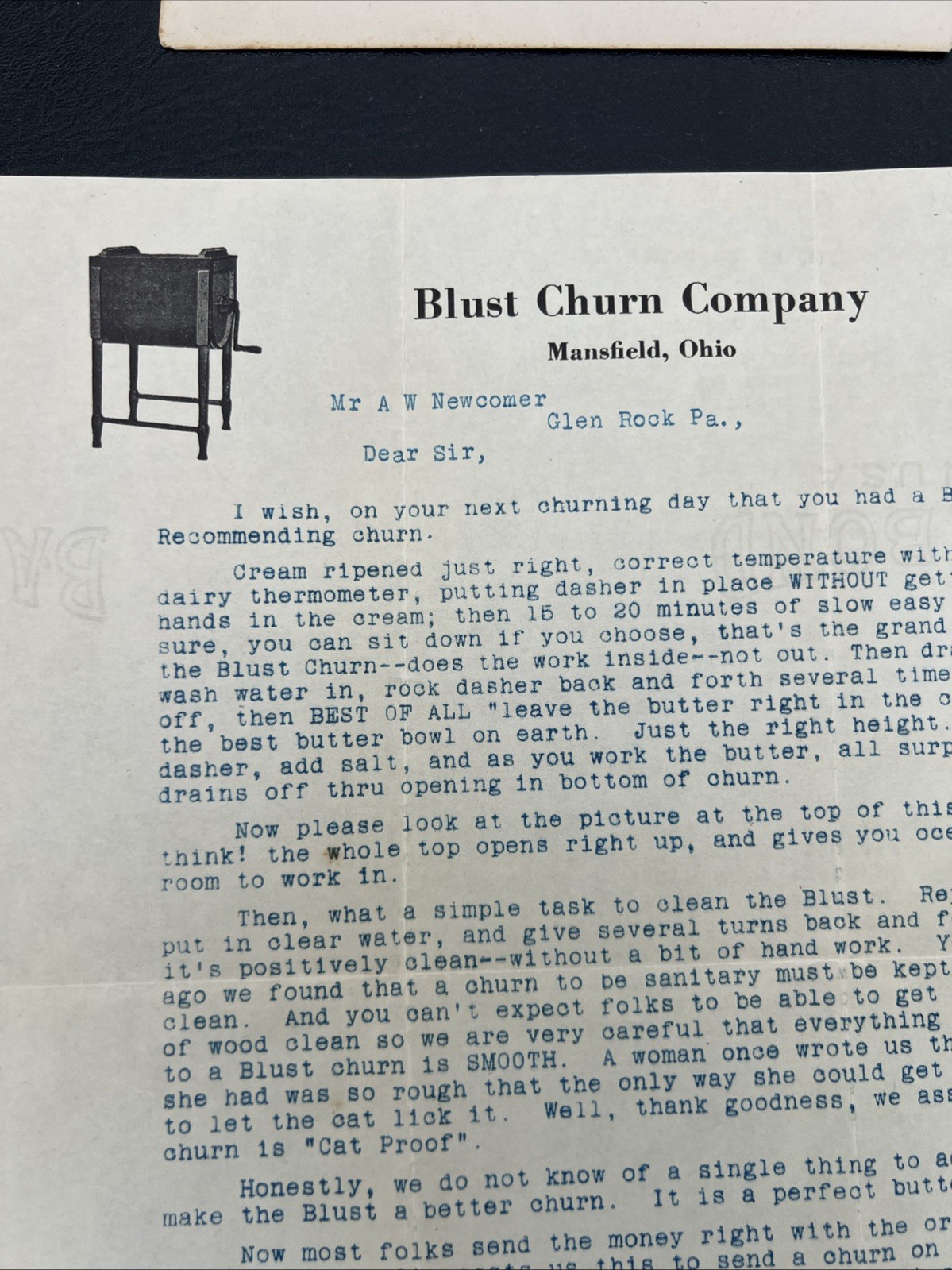 1923 Blust Butter Churn Company Letterhead & Envelope