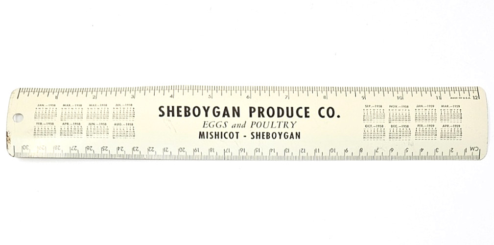 Sheboygan Produce Co. Eggs and Poultry Mishicot Sheboygan 1958 Wis. Metal Ruler
