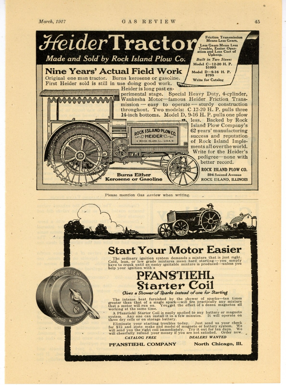 1917 Heider Tractor Ad: Kerosene or Gas – Rock Island Plow Co. Illinois