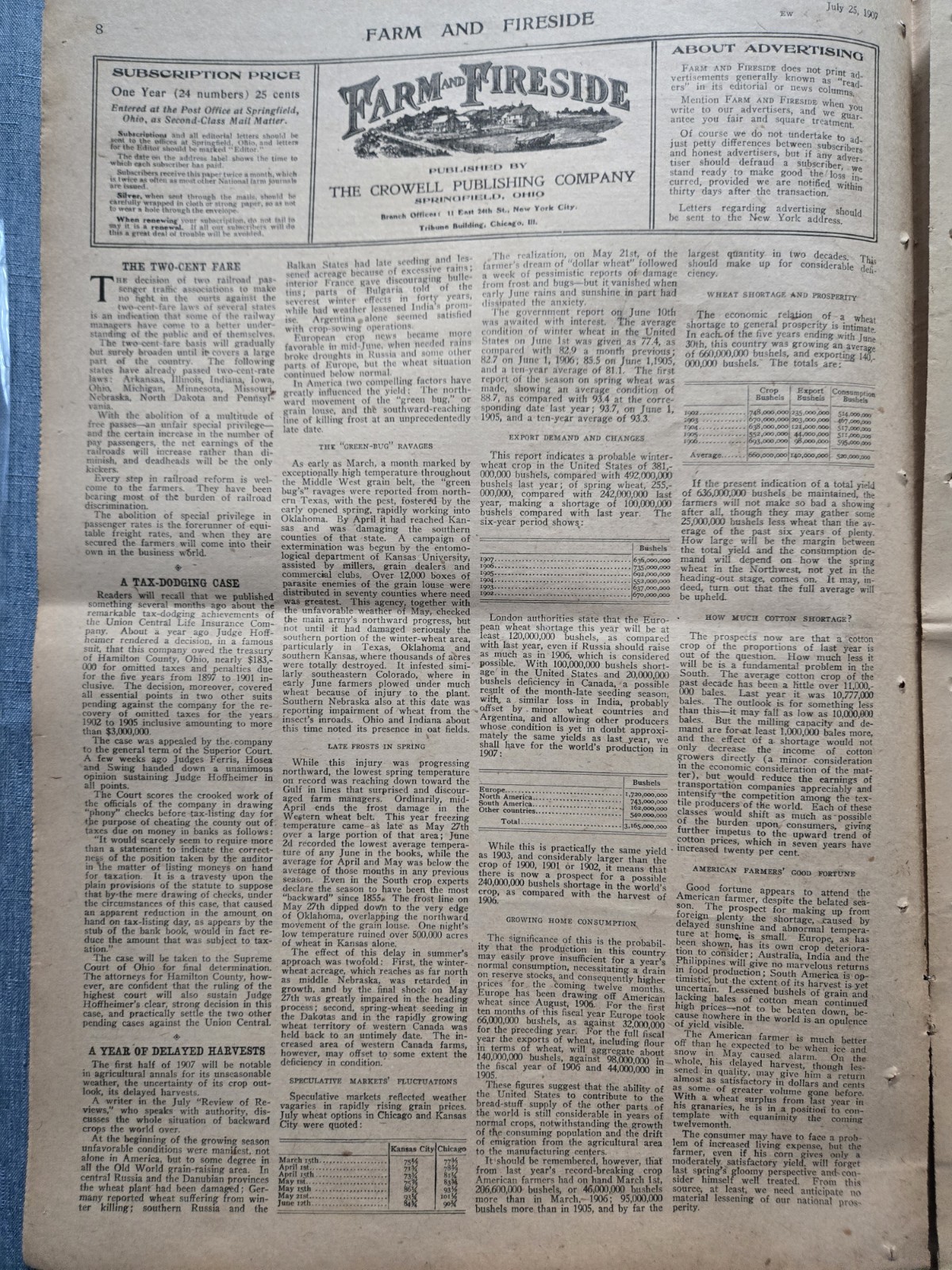 Farm & Fireside Newspaper July 25 1907 Articles Ads Fashion News Humor