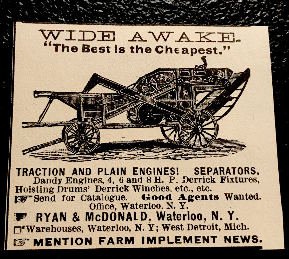 1889 Wide Awake Implement Farm Advertising – Waterloo – New York