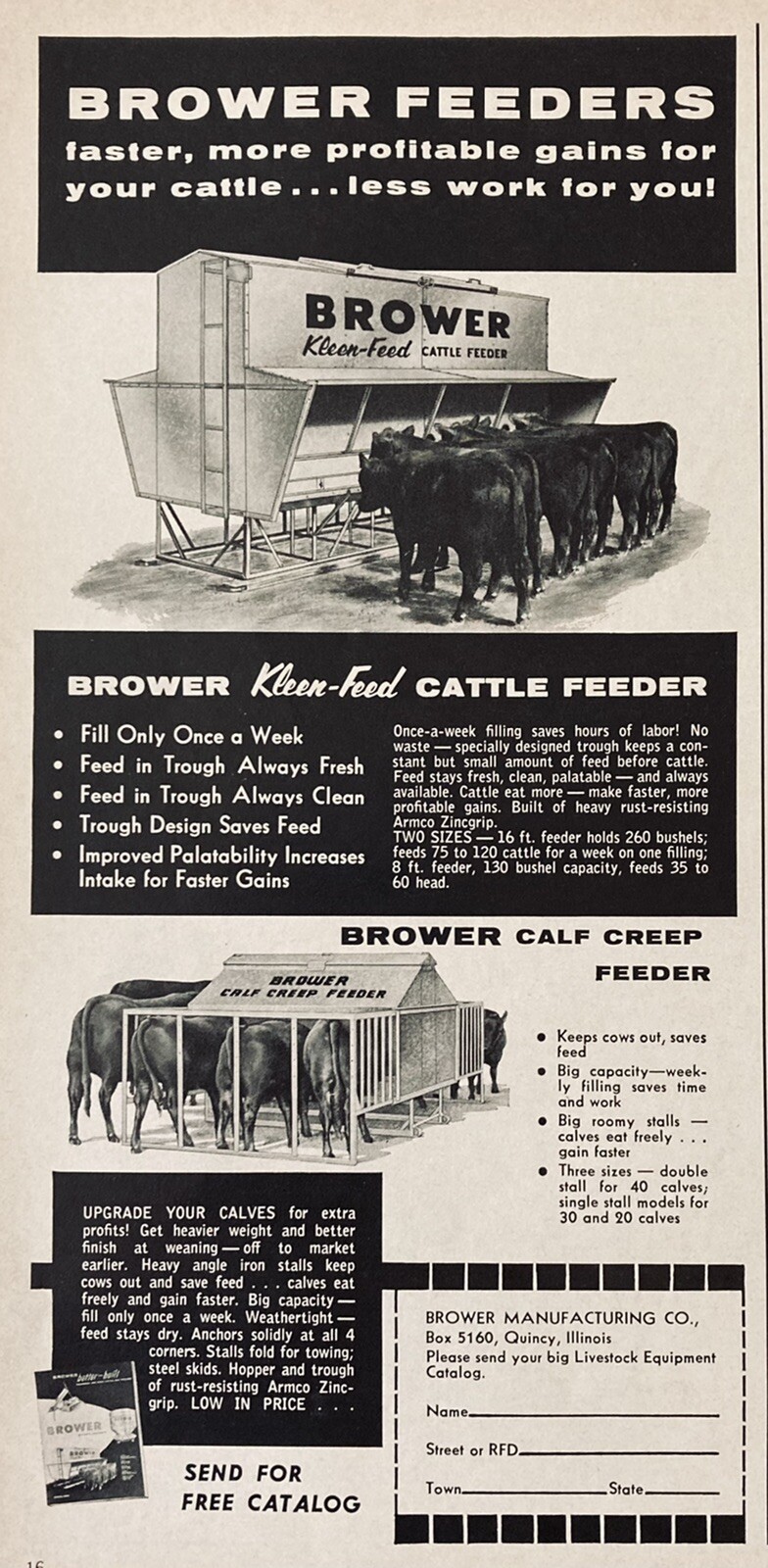1965 AD.(XH48)~BROWER MFG. CO. QUINCY, ILL. BROWER KLEEN-FEED CATTLE FEEDER