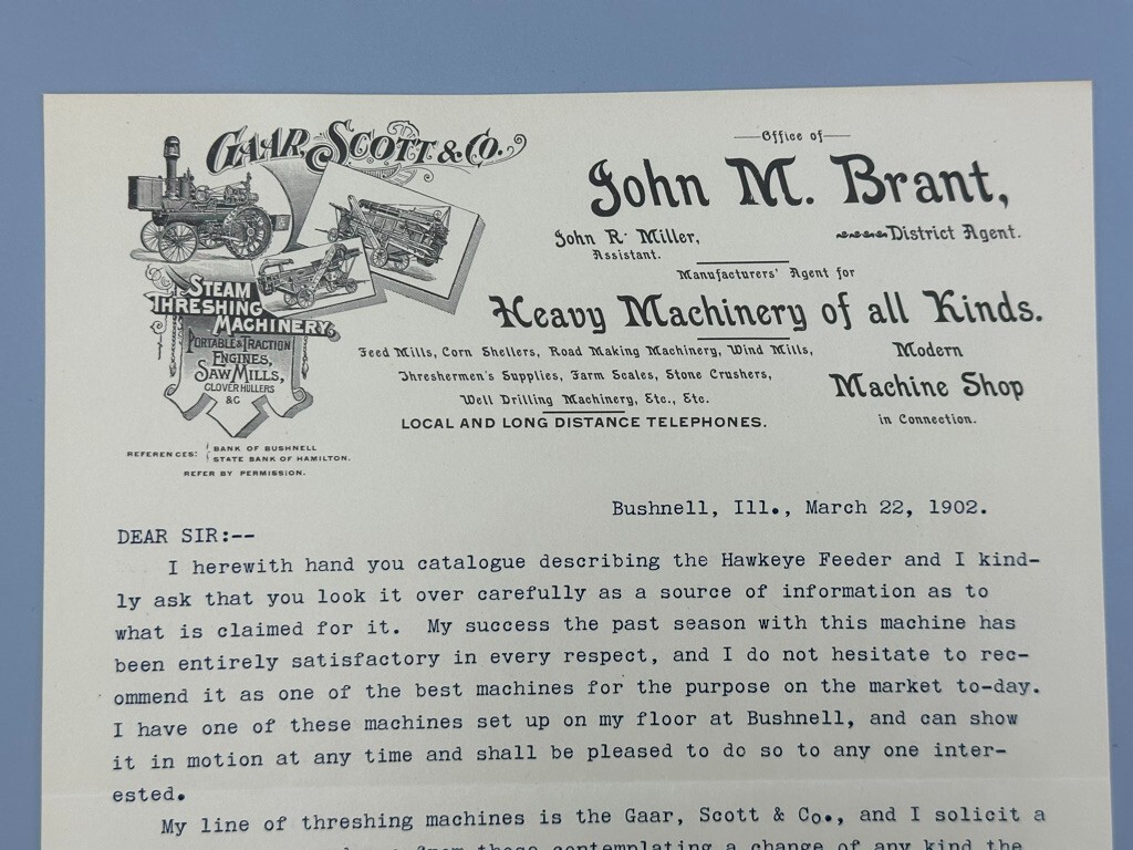 1902 GAAR SCOTT & Co THRESHING MACHINERY Farm Advertising Letter JOHN BRANT
