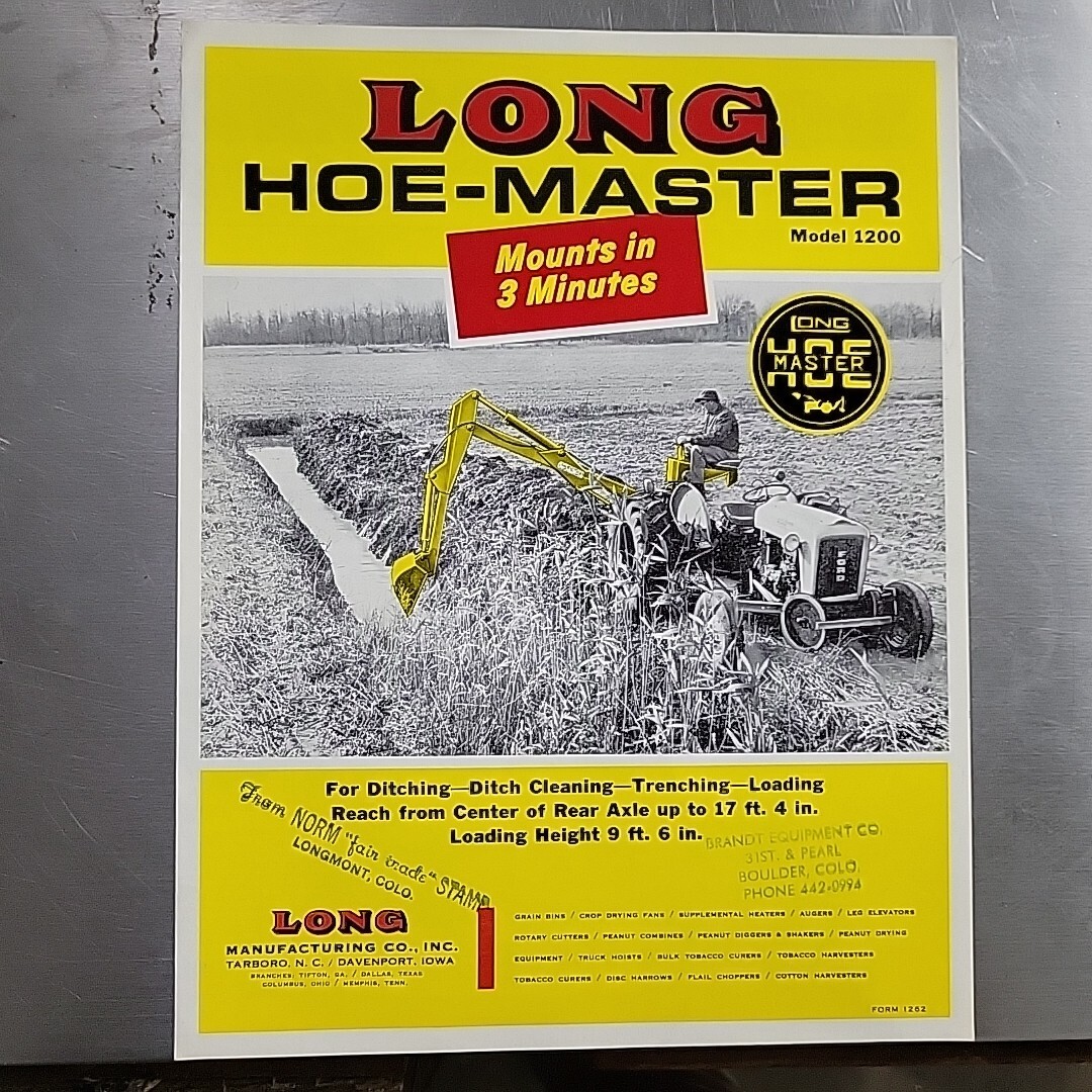 LONG Hoe-Master Rear Mount Tractor Backhoe. Vintage 1960s Farm Ad Sales Brochure