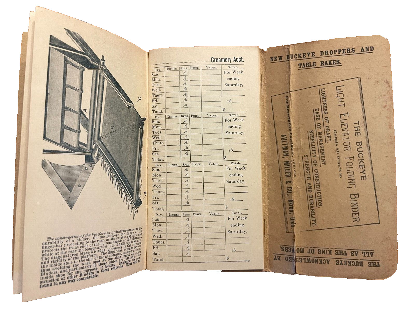 1890-91 BUCKEYE FARM EQUIPMENT MEMOMRANDUM BOOK CREAMERY ACCT ILLUSTRATED