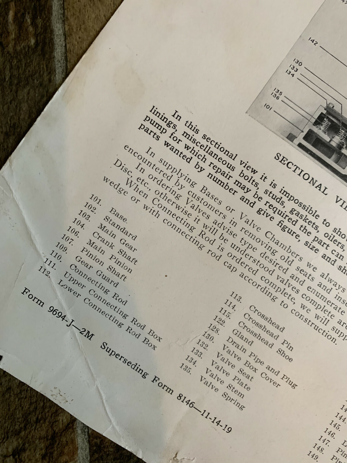 GOULDS DUPLEX PLUNGE ENGINE ONE PAGE Ad 1919 LIST OF PARTS SINGLE PAGE AD FORM