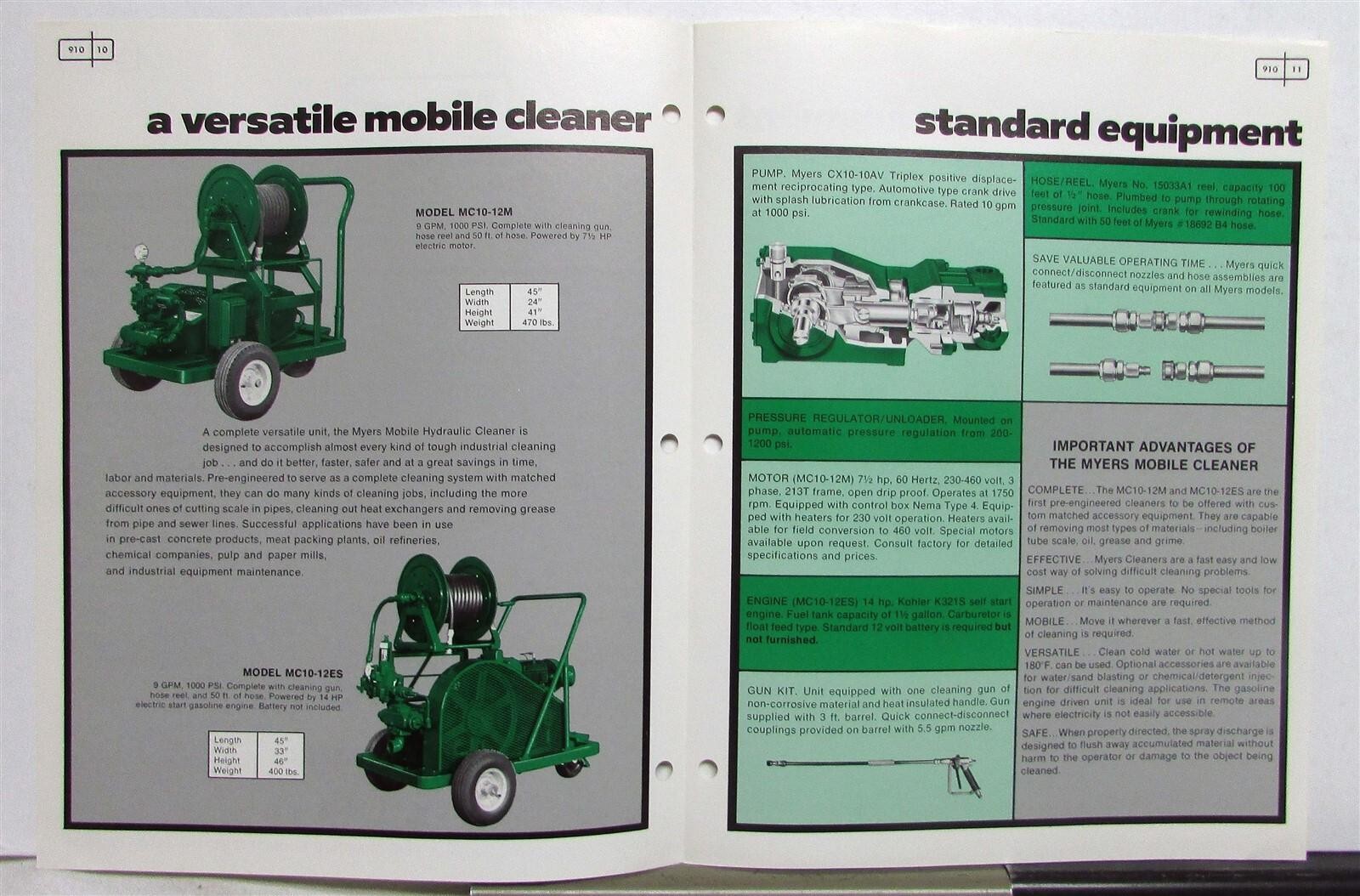 1976 Myers Mobile Cleaners 12 M 12ES Features Specifications Sales Folders