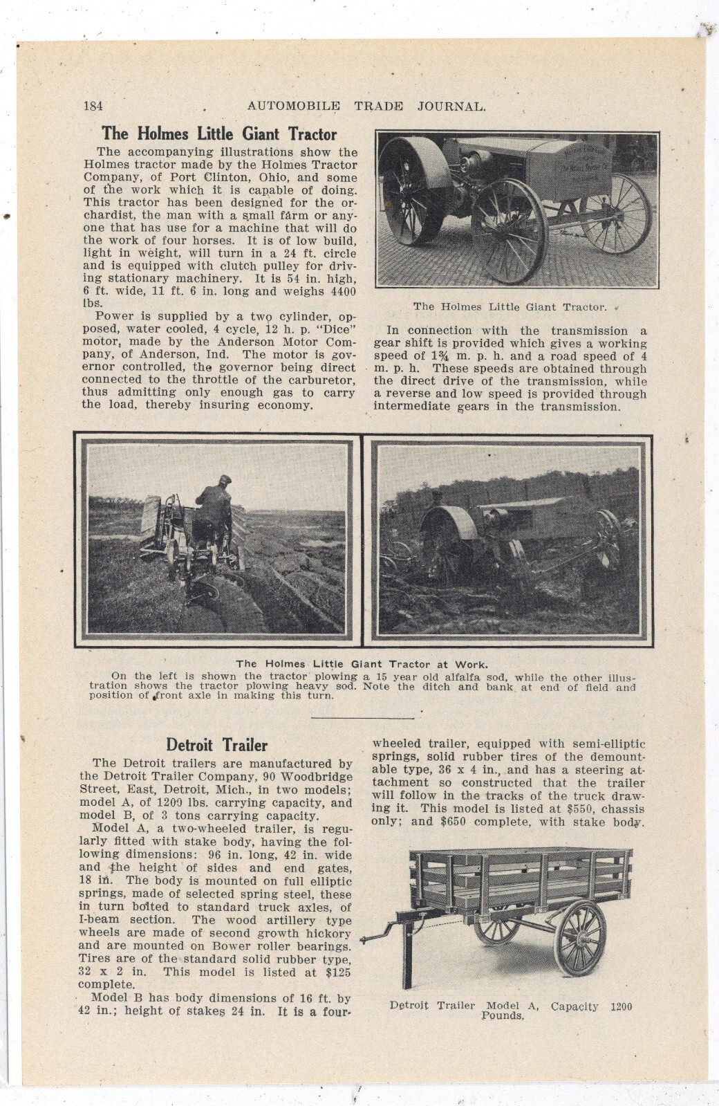 1913 Article & Pic: Holmes Little Giant Tractor – Port Clinton, OhiO