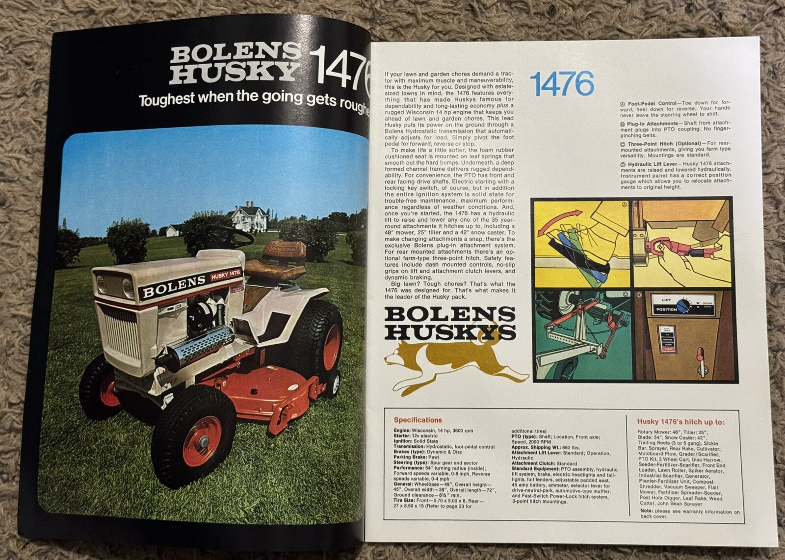 2 Vintage Bolens Husky Big Tractor Original Brochures 1970’s Mowers Tillers