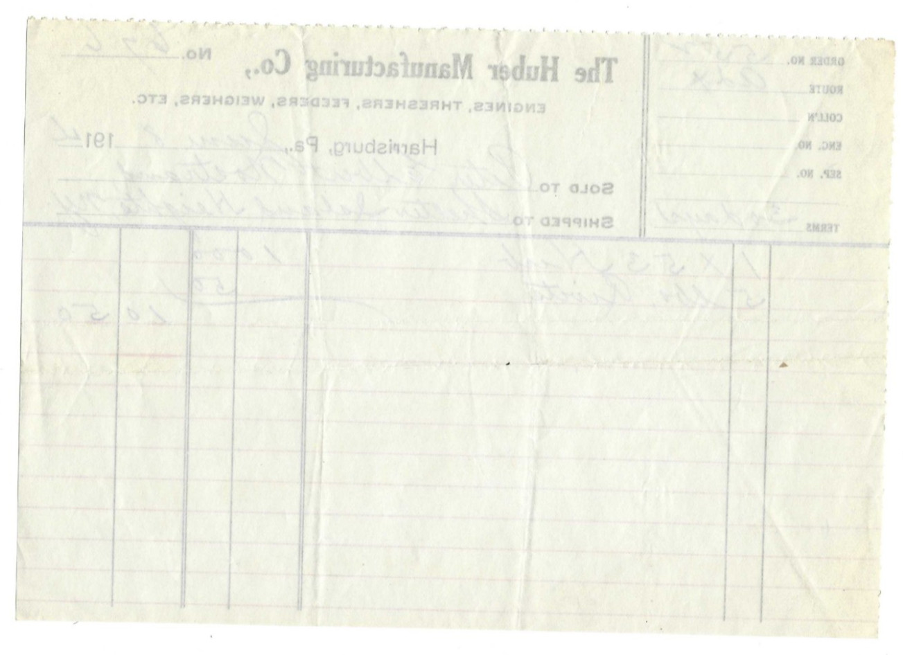 1914 Advertising Invoice Huber Manufacturing Engines Threshers Harrisburg PA