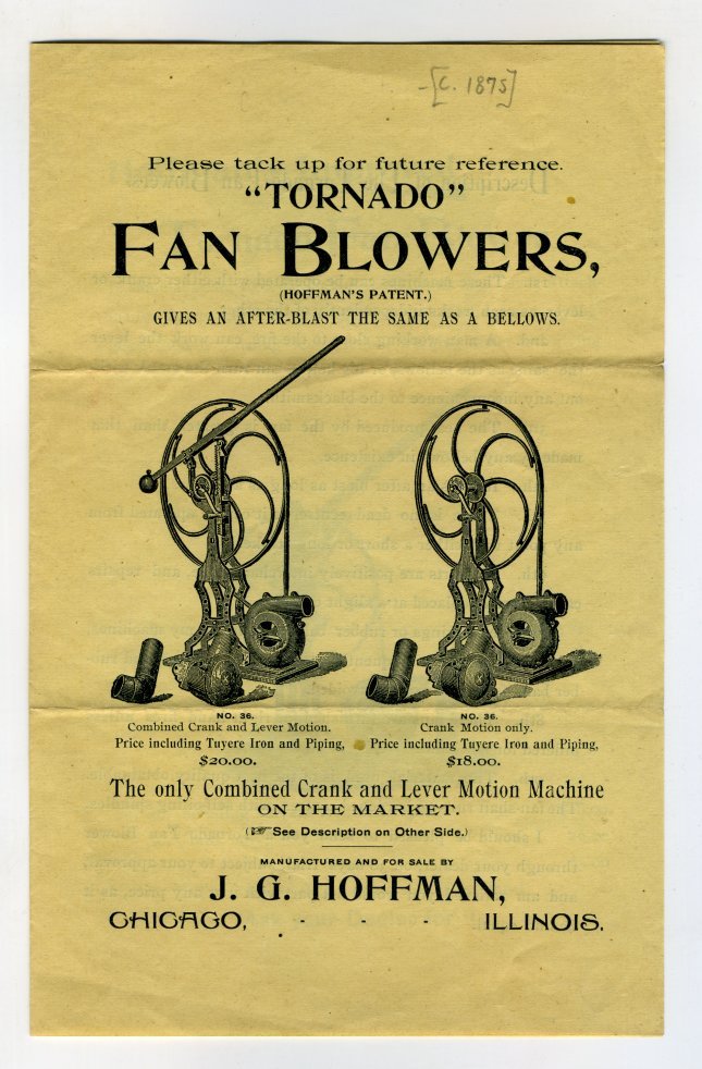 « TORNADO » FAN BLOWERS J. G. Hoffman Chicago 1875? Advertising leaflet