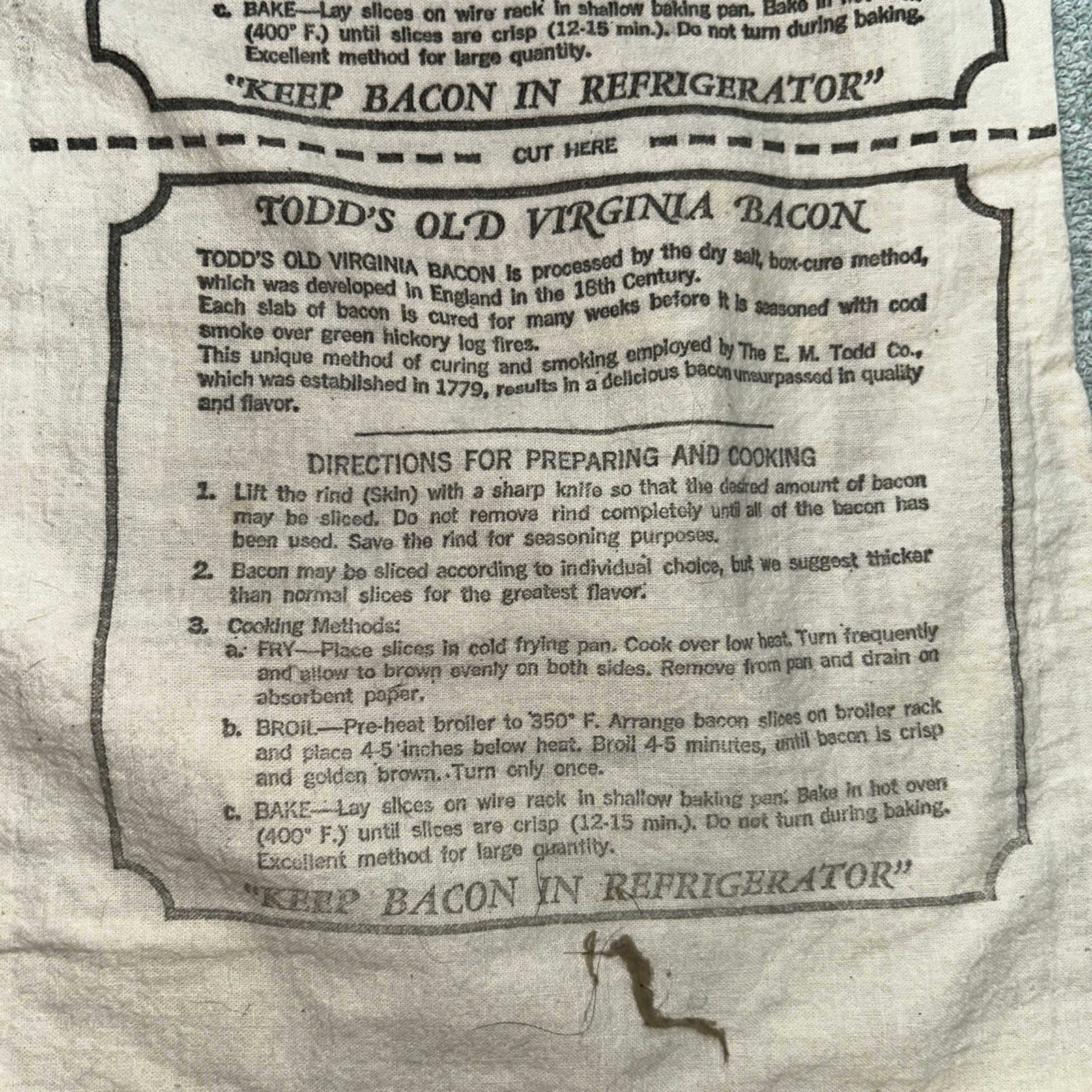 Vintage E.M. Todd CO. Inc Old Virginia Bacon Cover With Cooking Instructions