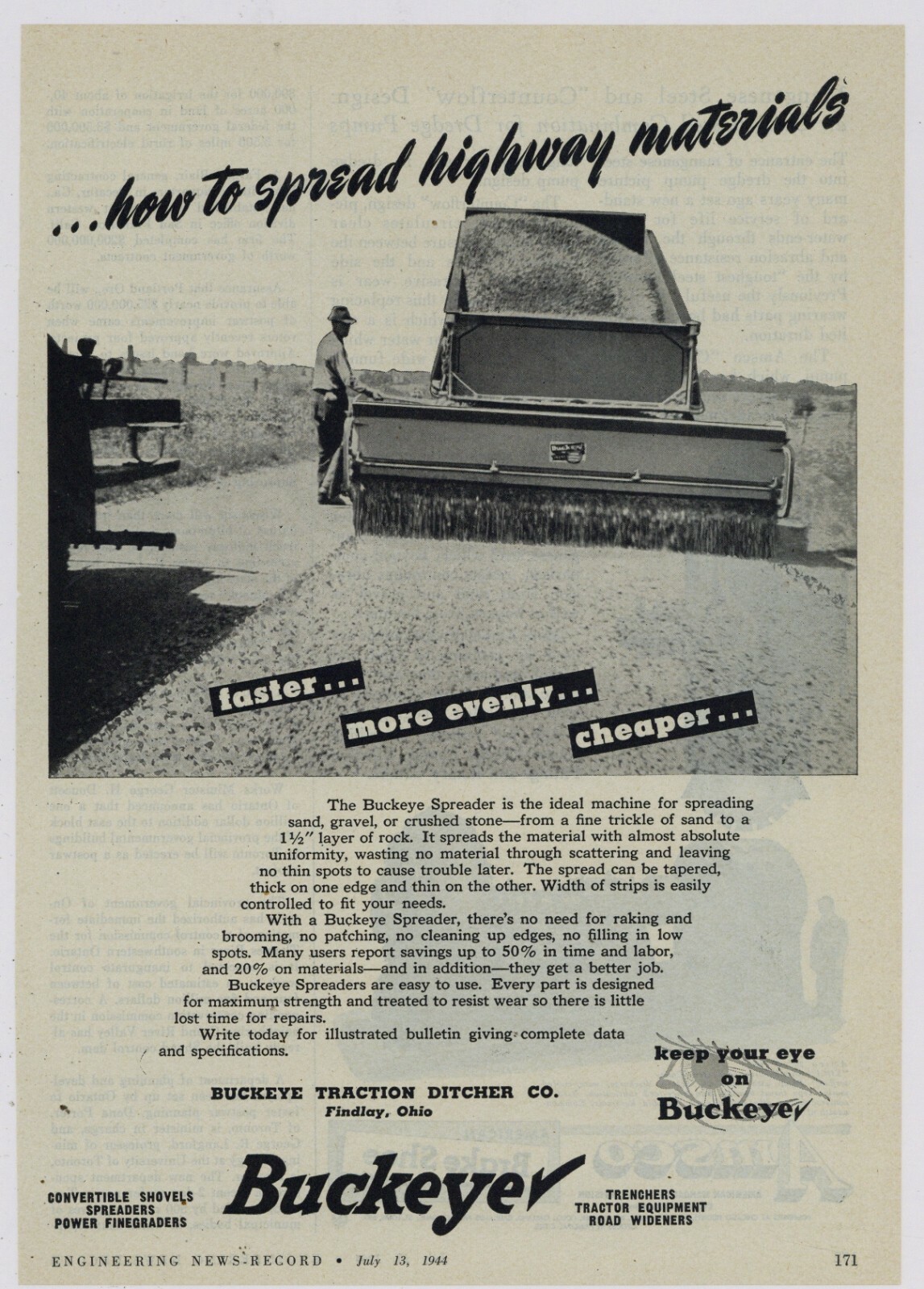 1944 Buckeye Traction Ditcher Co. Ad: Spreader for Laying Roadbed – Findlay OhiO