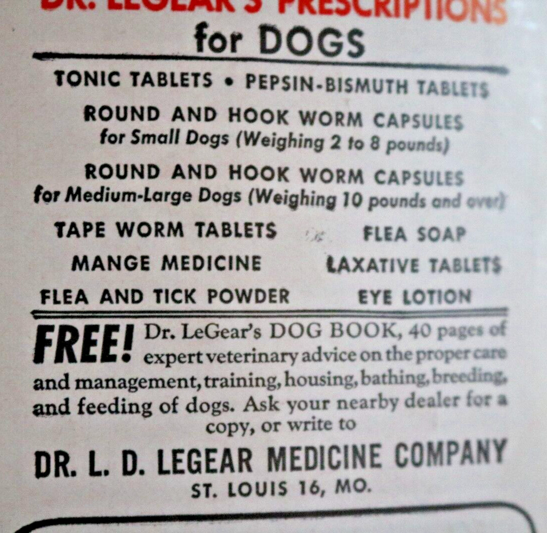 Vintage Dr LeGear&rsquo;s Dog Flea Tick Lice Powder Pamphlet States Contains DDT