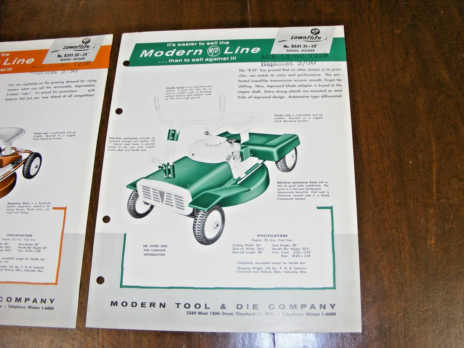 (2) 1960 MTD Riding Modern Line Mower Sales Spec Sheet Brochure