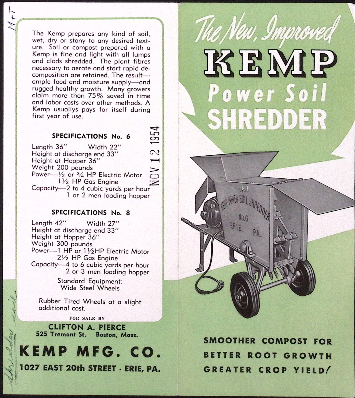 1954 Kemp Power Soil Shredder Sales Brochure Kemp Mfg Co Erie PA