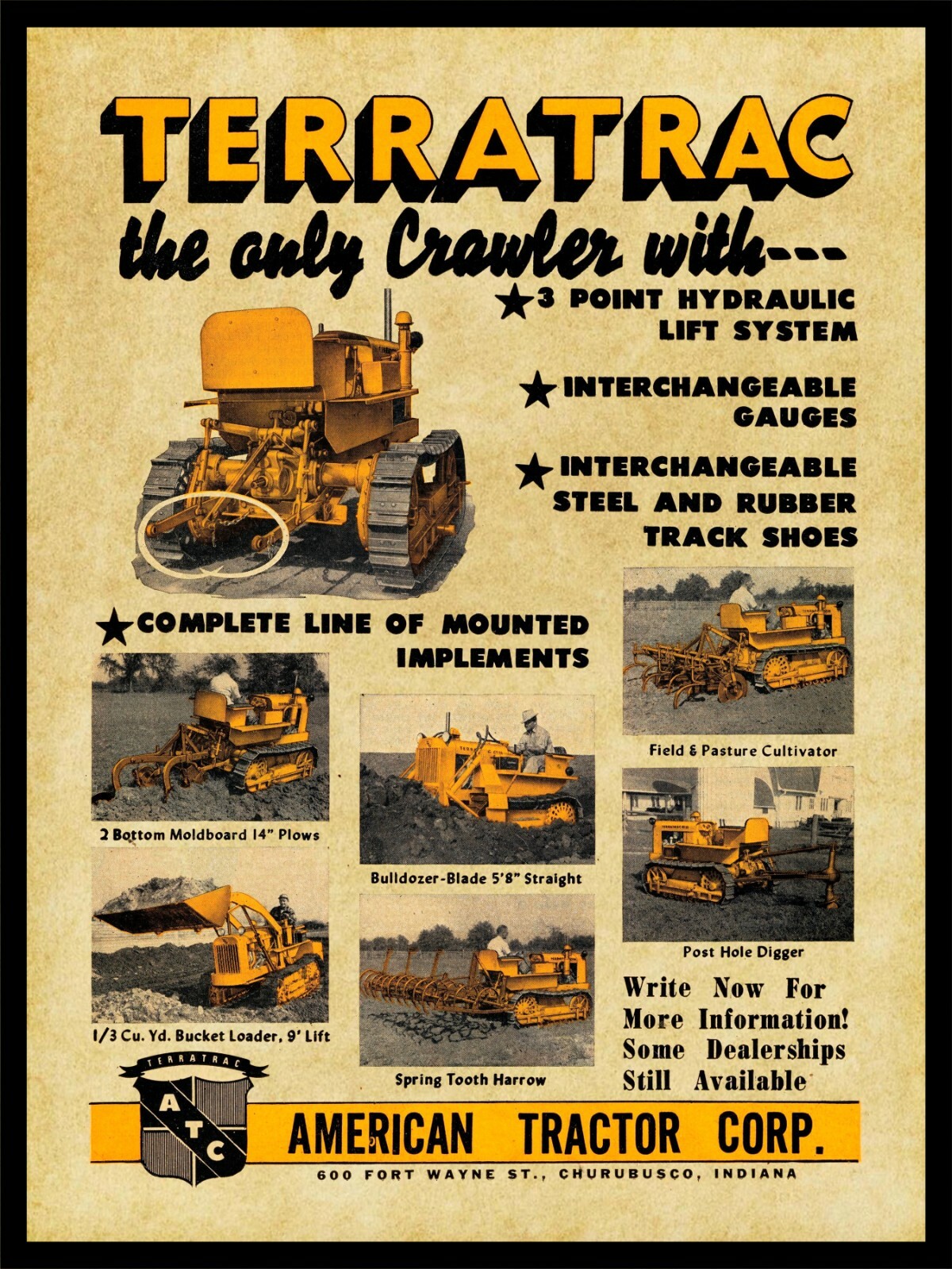 1951 American Tractor Co. NEW Metal Sign: Terra Trac Crawler Churubusco, Indiana