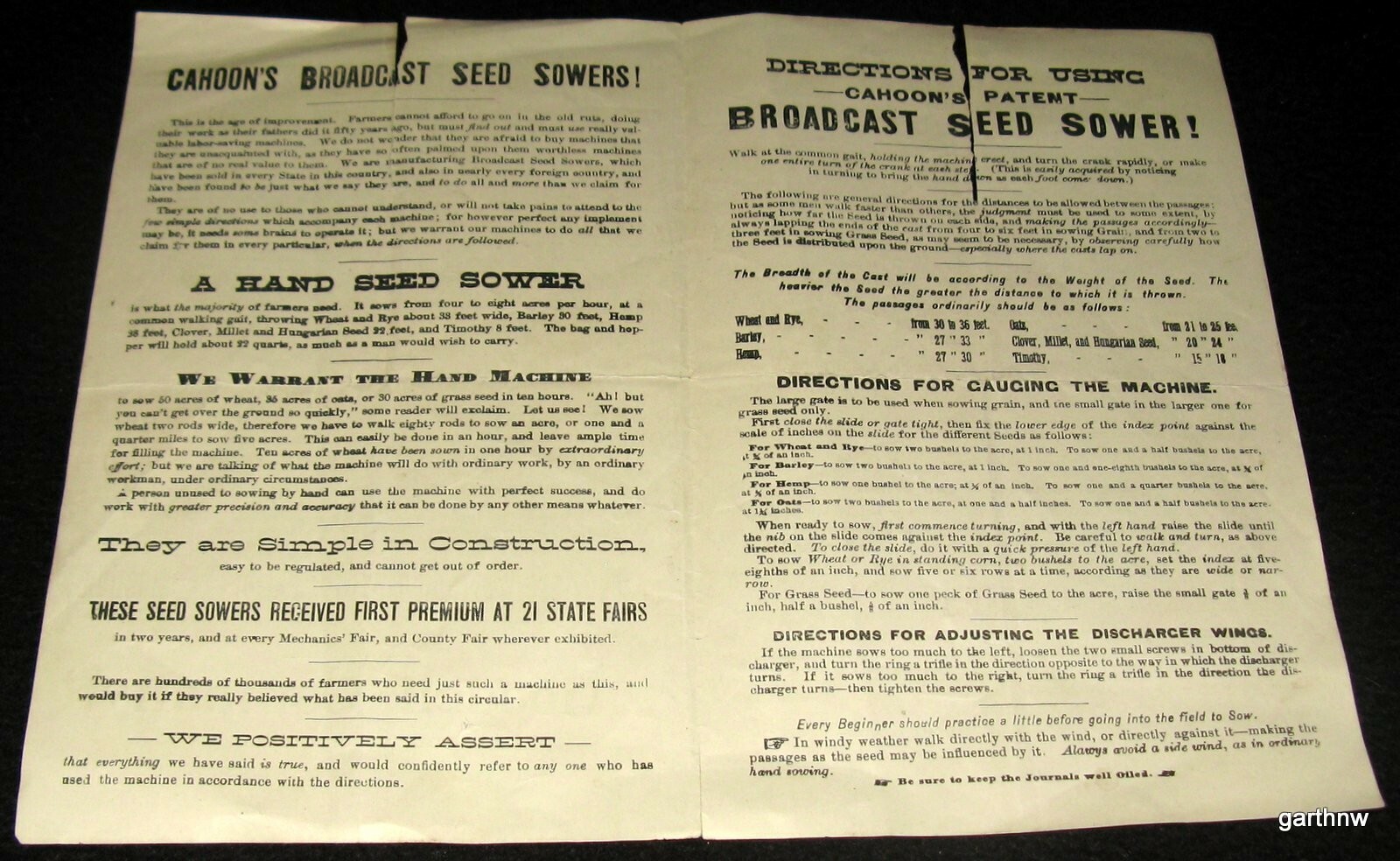 SEED SOWER EARLY 1900s ADVERTISING BROCHURE PEARCE&rsquo;S IMPROVED CAHOON&rsquo;S PATENT