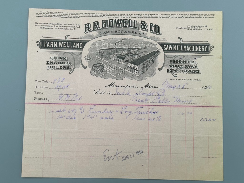 1910 Howell FARM, WELL & SAW MILL MACHINERY Advertising Billhead MINNEAPOLIS