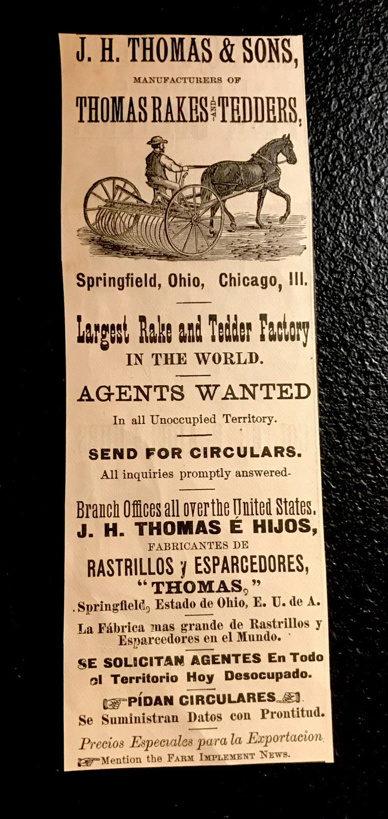 1886 J.H. Thomas & Sons Rakes Farm Engraving Advertising – Springfield – Ohio