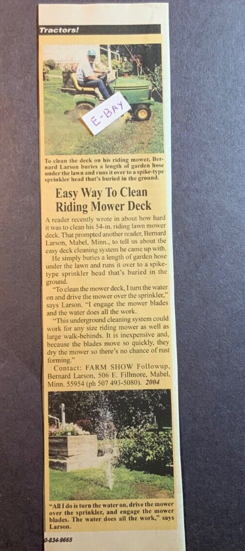 2004 Magazine Article. Bernard Larson. Mabel, Minn. Cleaning a Riding Mower Deck